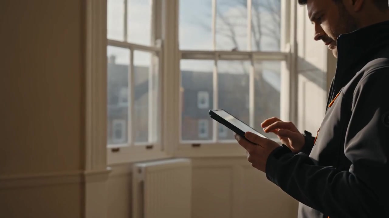 Illustrative image of a surveyor using a tablet during a property visit